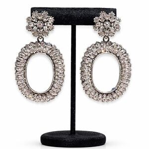 Boutique Crystal Oval Statement Earrings | Silver Rhinestone Floral Drop 2.8”